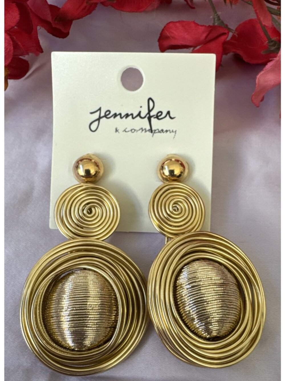 Jennifer & Company Gold Tone Spiral Statement Drop Textured Oval Earrings NWT